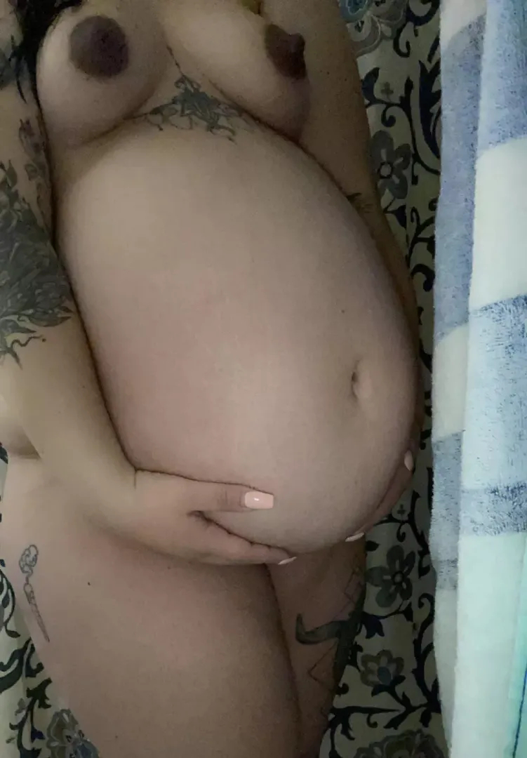 A few weeks left. See how many times you can creampie me before I pop?