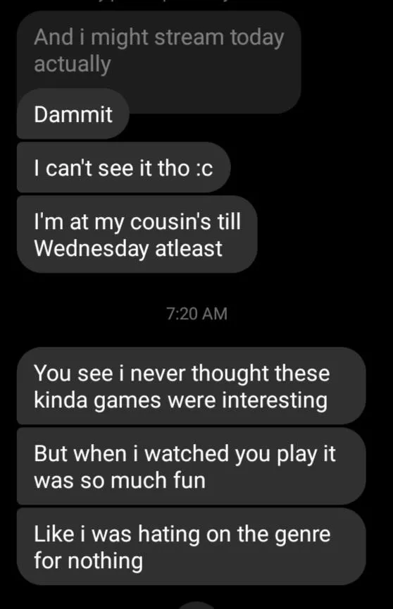 a friend watched my stream and it was the only viewer i had...her words motivated me to keep on steaming. don't give up guys!