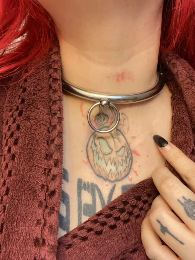 A locking collar and marks [f]rom a chain leash wrapped around my tiny throat…