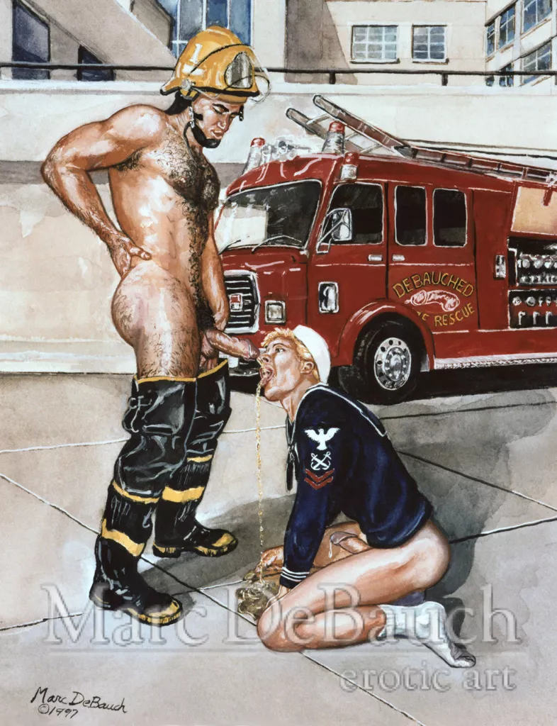 A Navy and a firefighter having some cruising near the firefighter facility