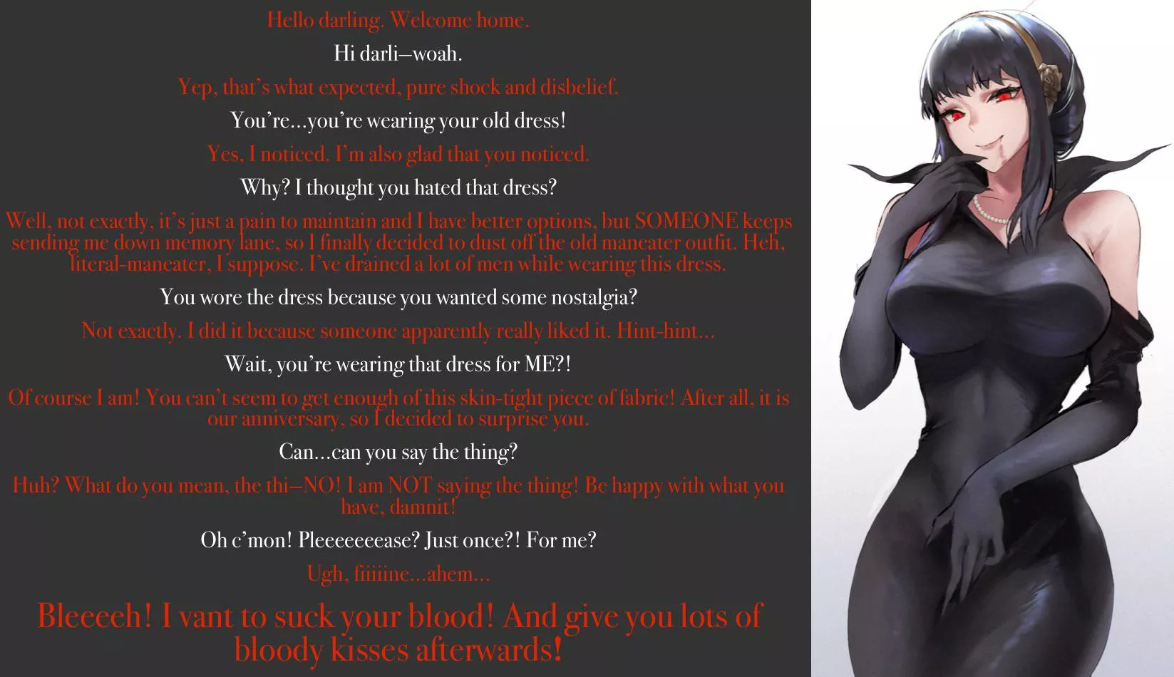 A trip down memory lane for your vampire wife’s anniversary [Gender Neutral POV] [dress] [couple banter] [no sex] [wholesome romance]