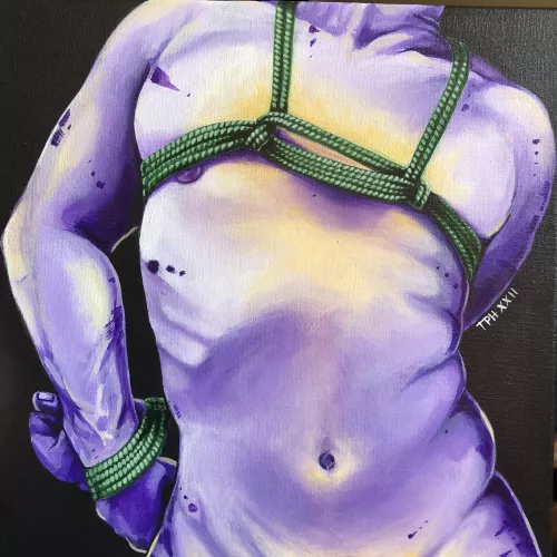 Acrylic on canvas painting JB01. I gazed the colours off of a pansy flower, and I like seeing masculine subjects in bondage as well.