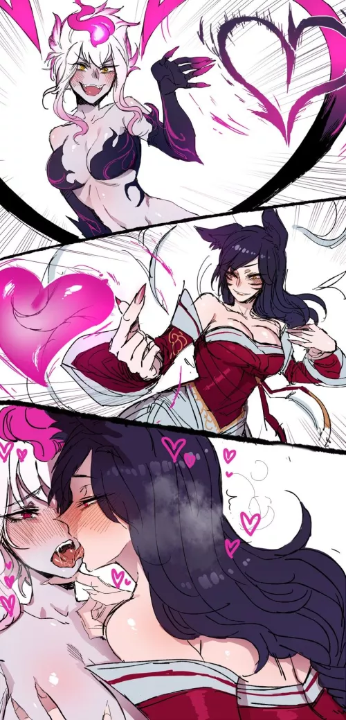 Ahri and Evelynn affected by each other's charms (monmusu)