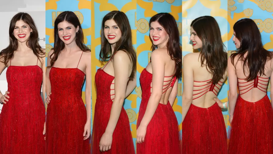 Alexandra Daddario | Front to back view in amazing red dress
