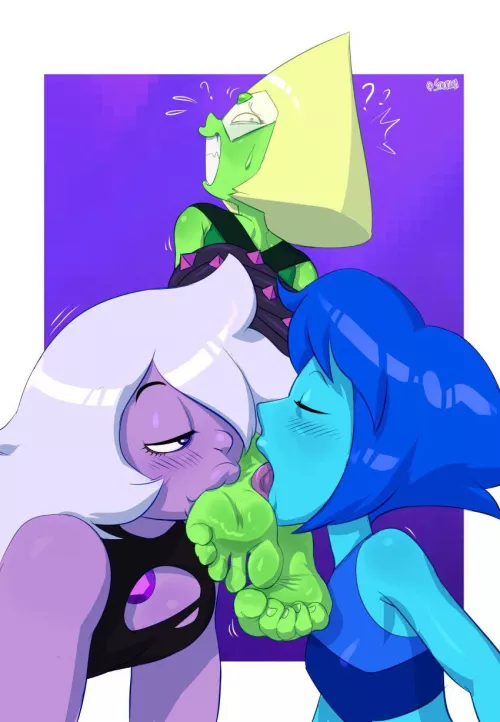 Amethyst and Lapis worship Peridot’s feet (staerk)