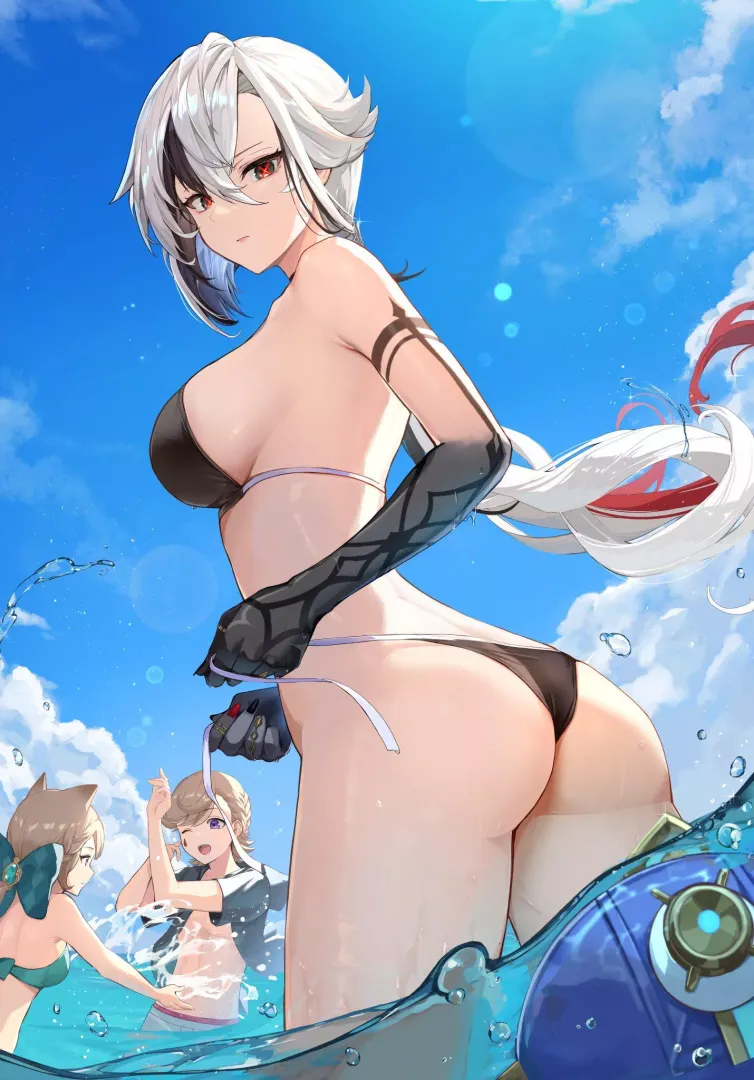 Arlecchino tying her bikini [Genshin Impact]