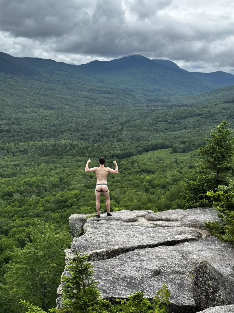 At the summit in nothing but a jockstrap