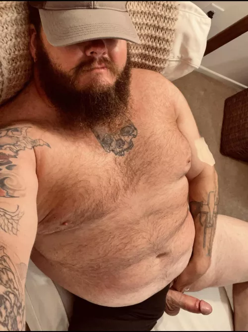 Bearded chubby man going wild.