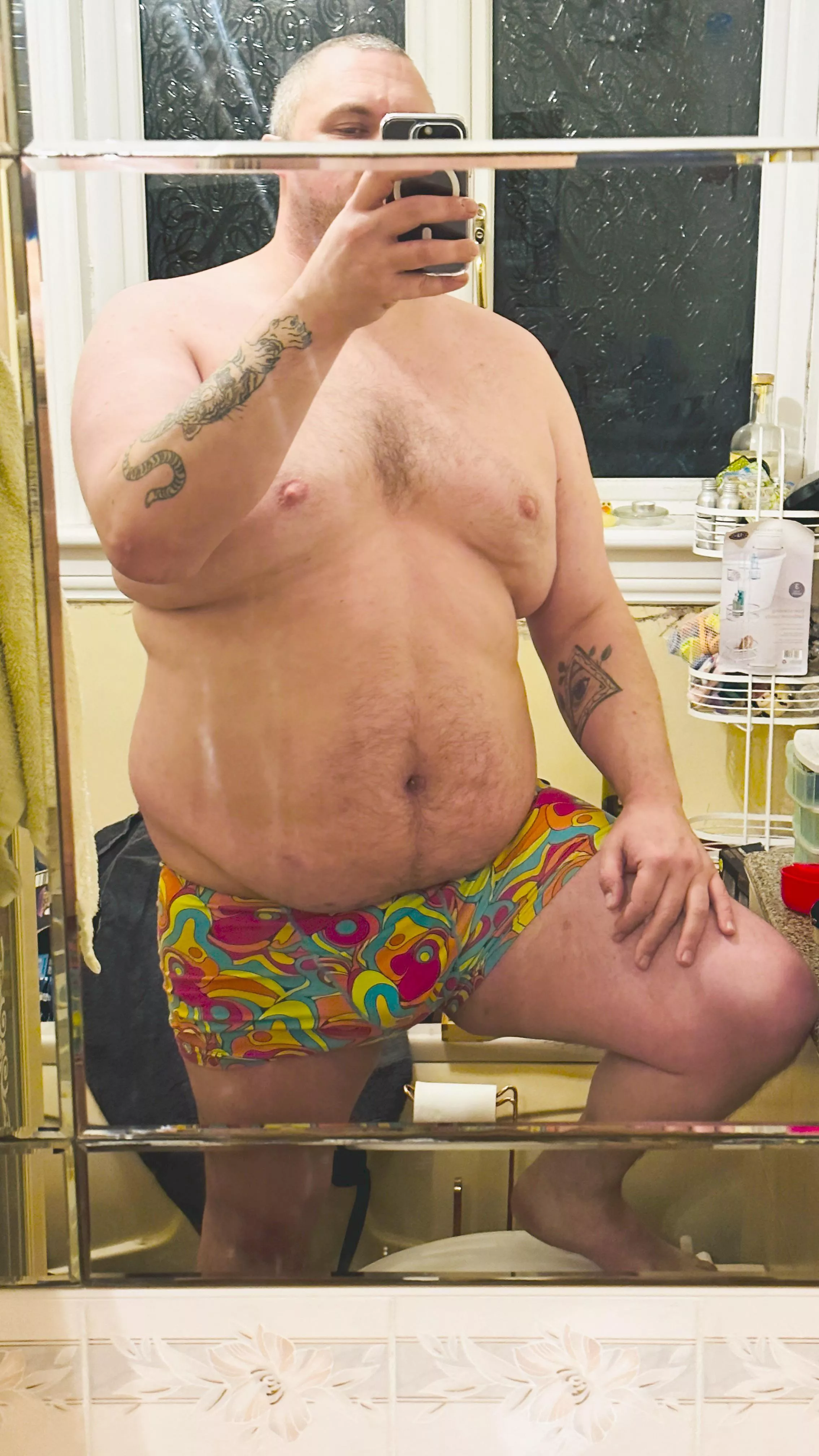 Before heading for a shower. Leg up because it’s a small bathroom 🤣