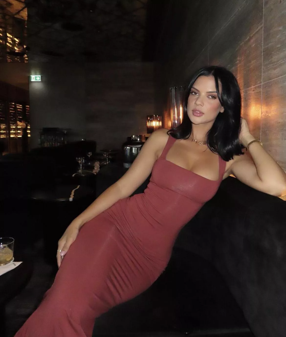 Black hair red dress