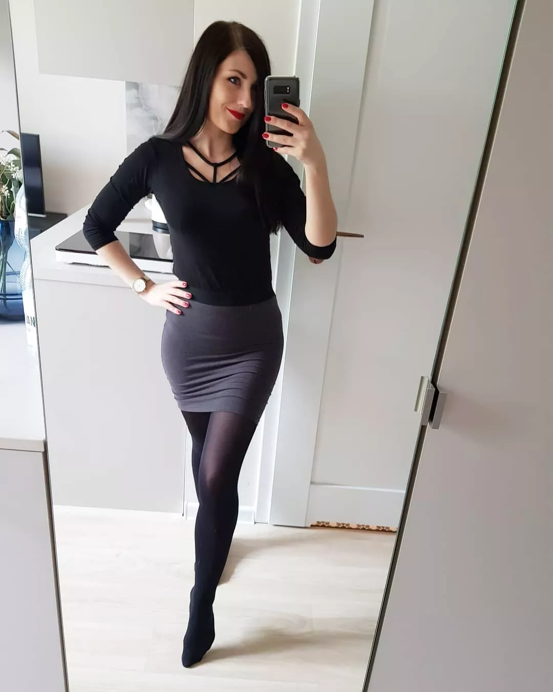 Black tights, red lips