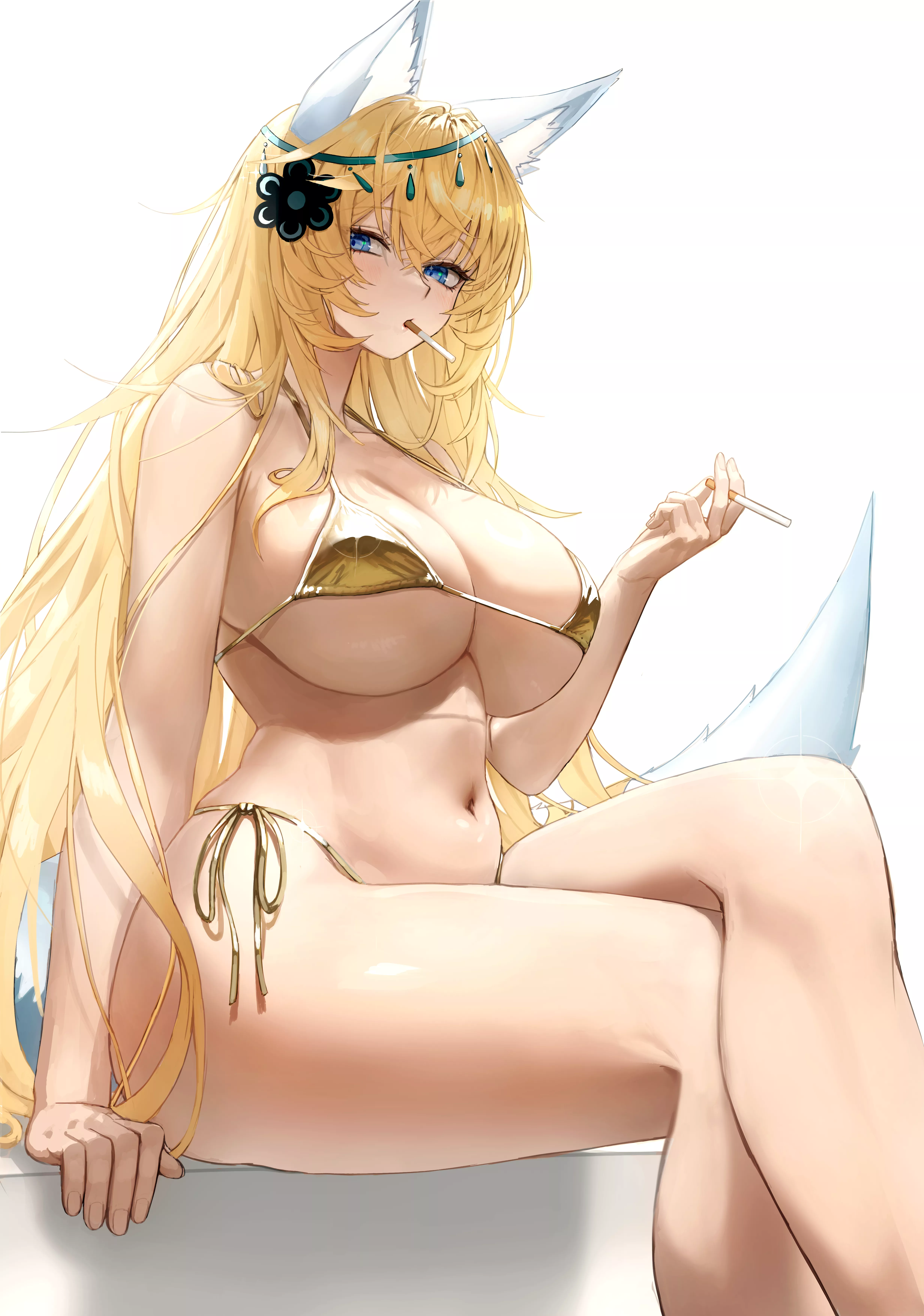 blonde fox lady smoking in a microkini [original]