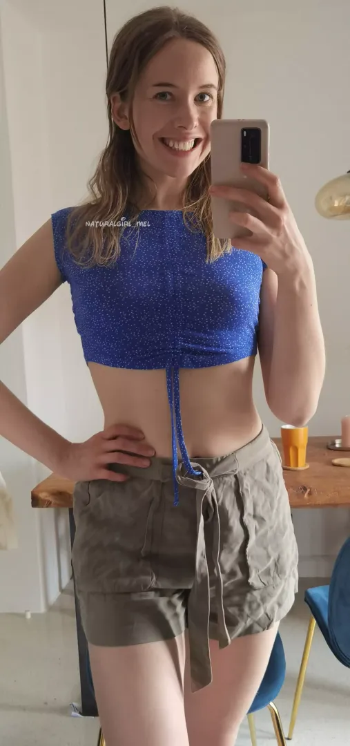 Blue crop top with green shorts