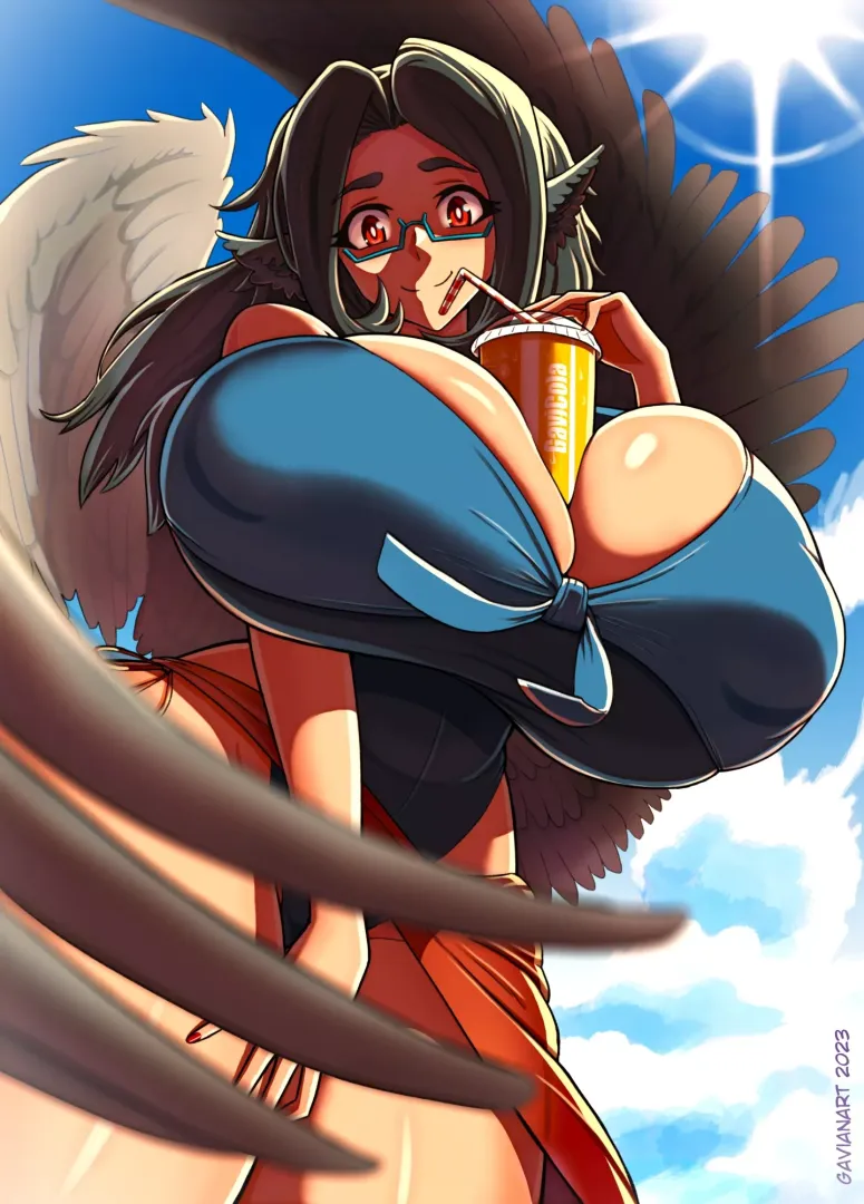 Busty bird girl on a beach (Gavianart)