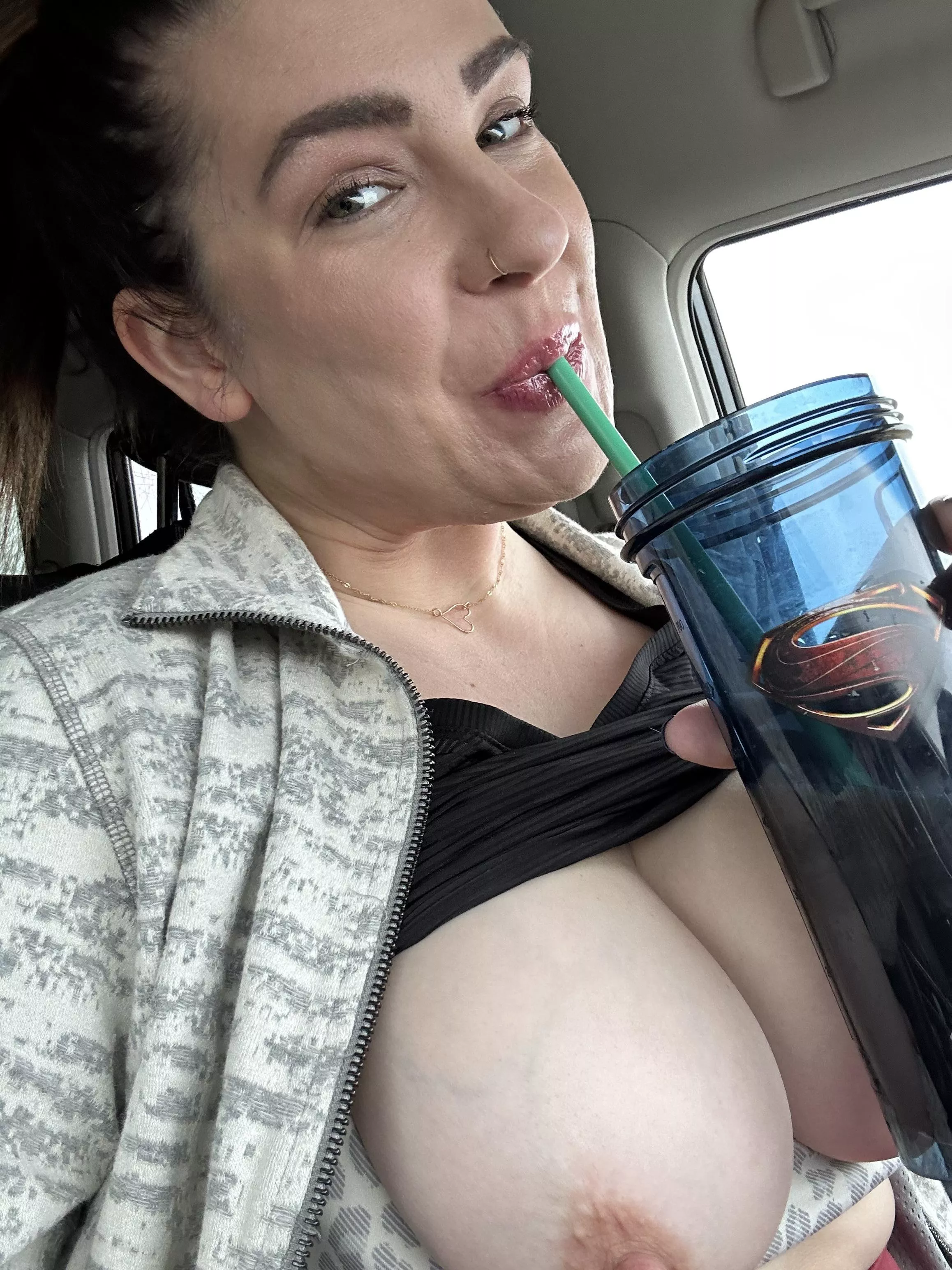 Celebrating Titty Tuesday while waiting for school pickup