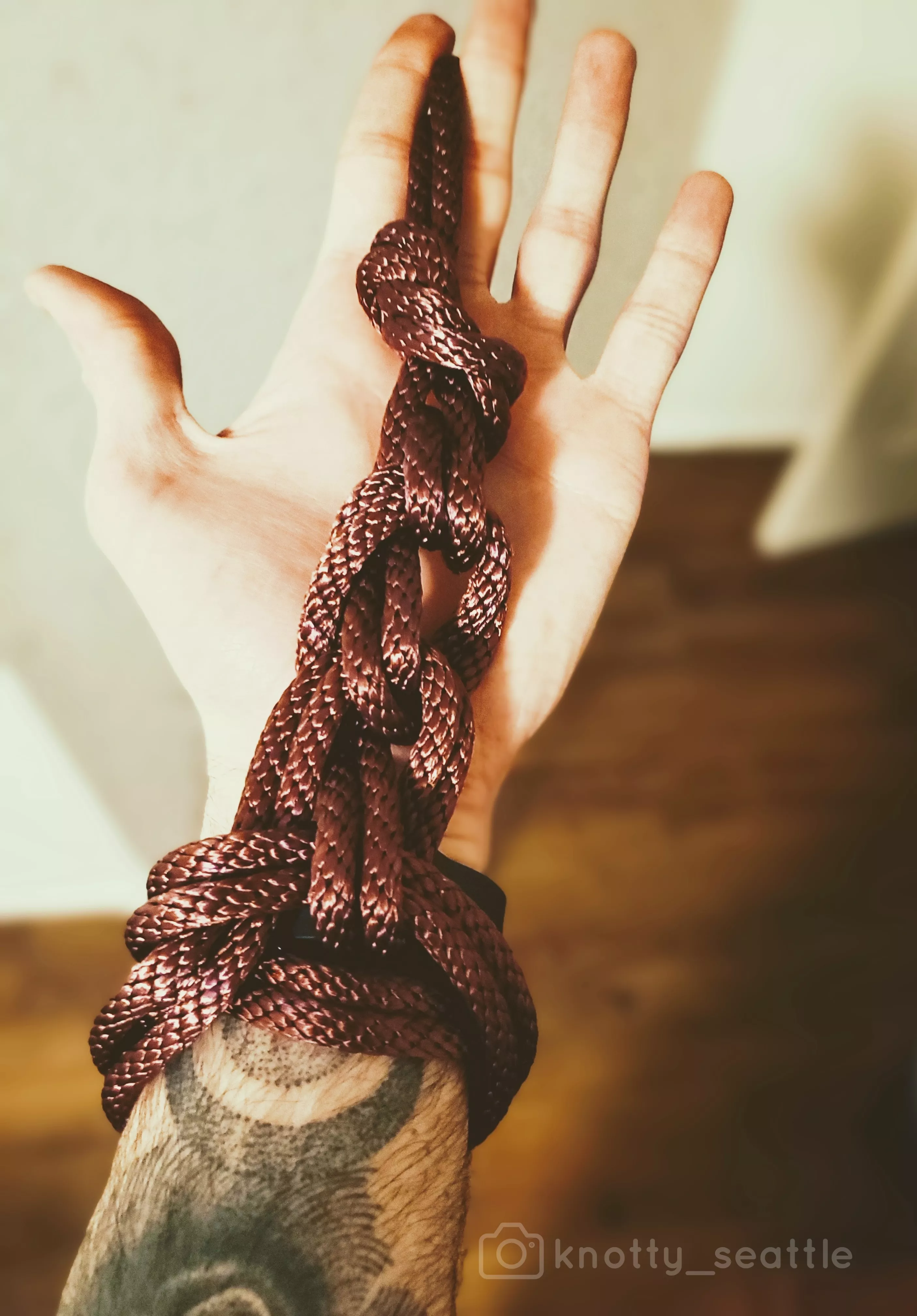 Chain stitch single column tie--great for restraining your bottom and gives them something to grab while being flogged.