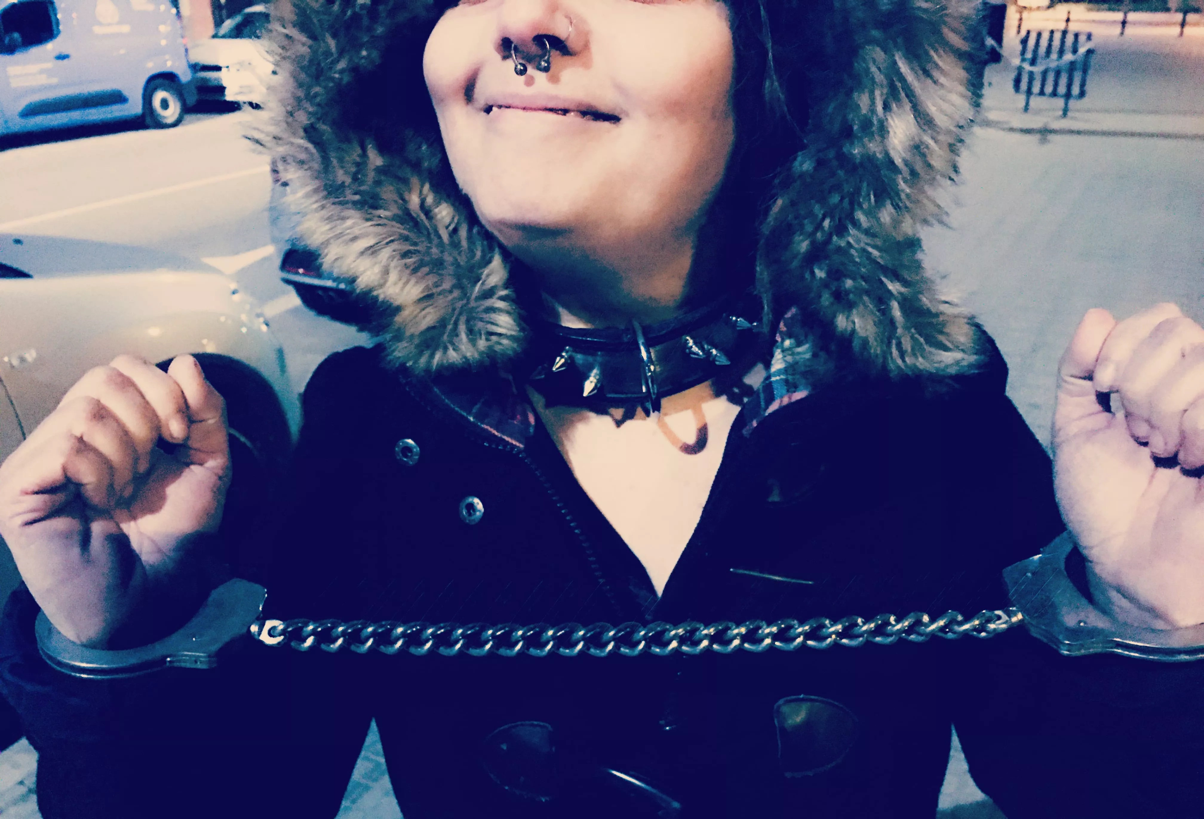 Collared and handcuffed on public places. Sooo fun!