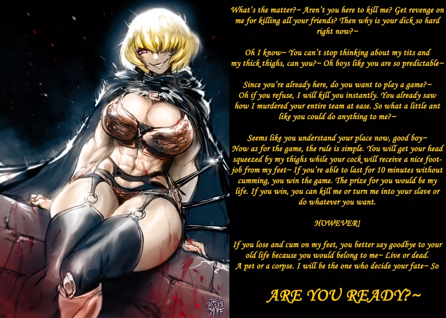 Dangerous game with the assassin [Overlord] [Femdom] [Thighs] [Implied Footjob] [Implied Thigh Crush] [Artist: thegoldensmurf]