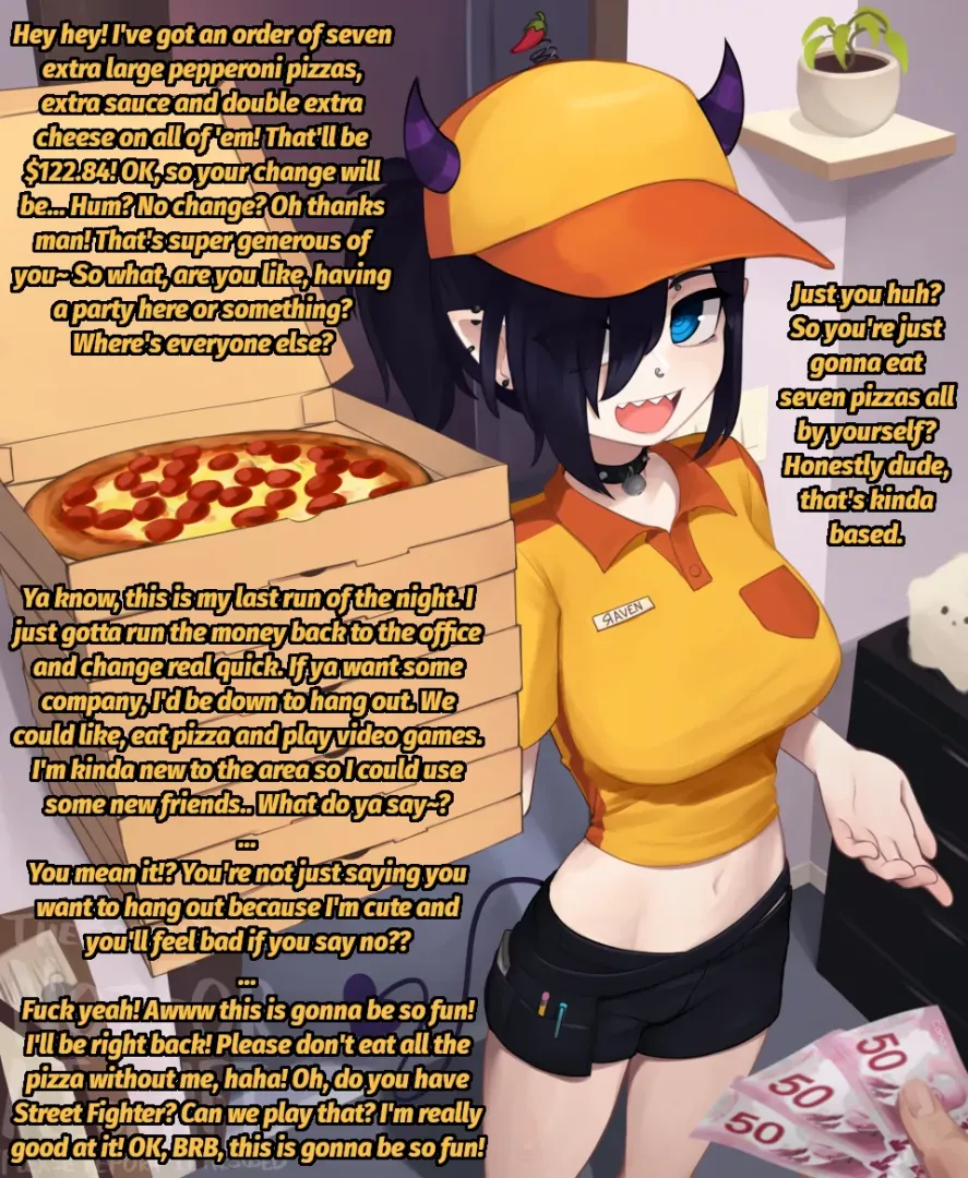 Did somebody order a pizza... and a new friend??? [Demon Girl] [V-Tuber(?)] [Piercings] [Cute] [Wholesome] [No Sex] Artist: yoako