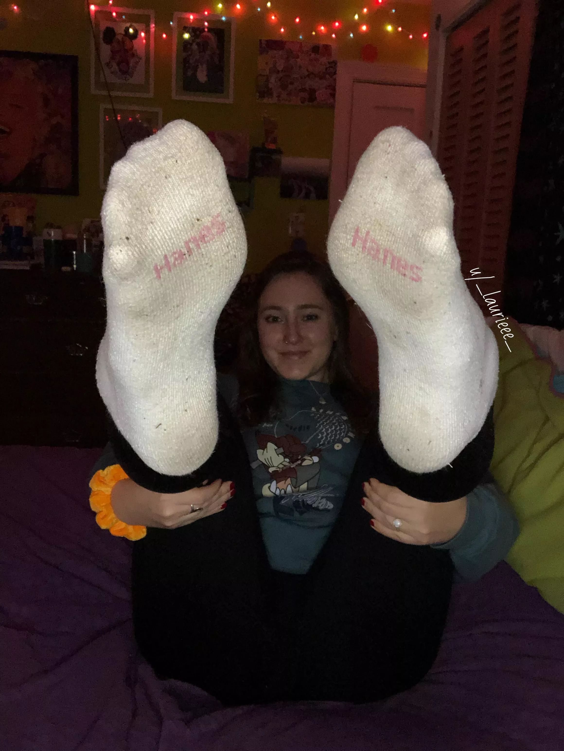 Dirty white Hanes socks headed right for your sniffer!