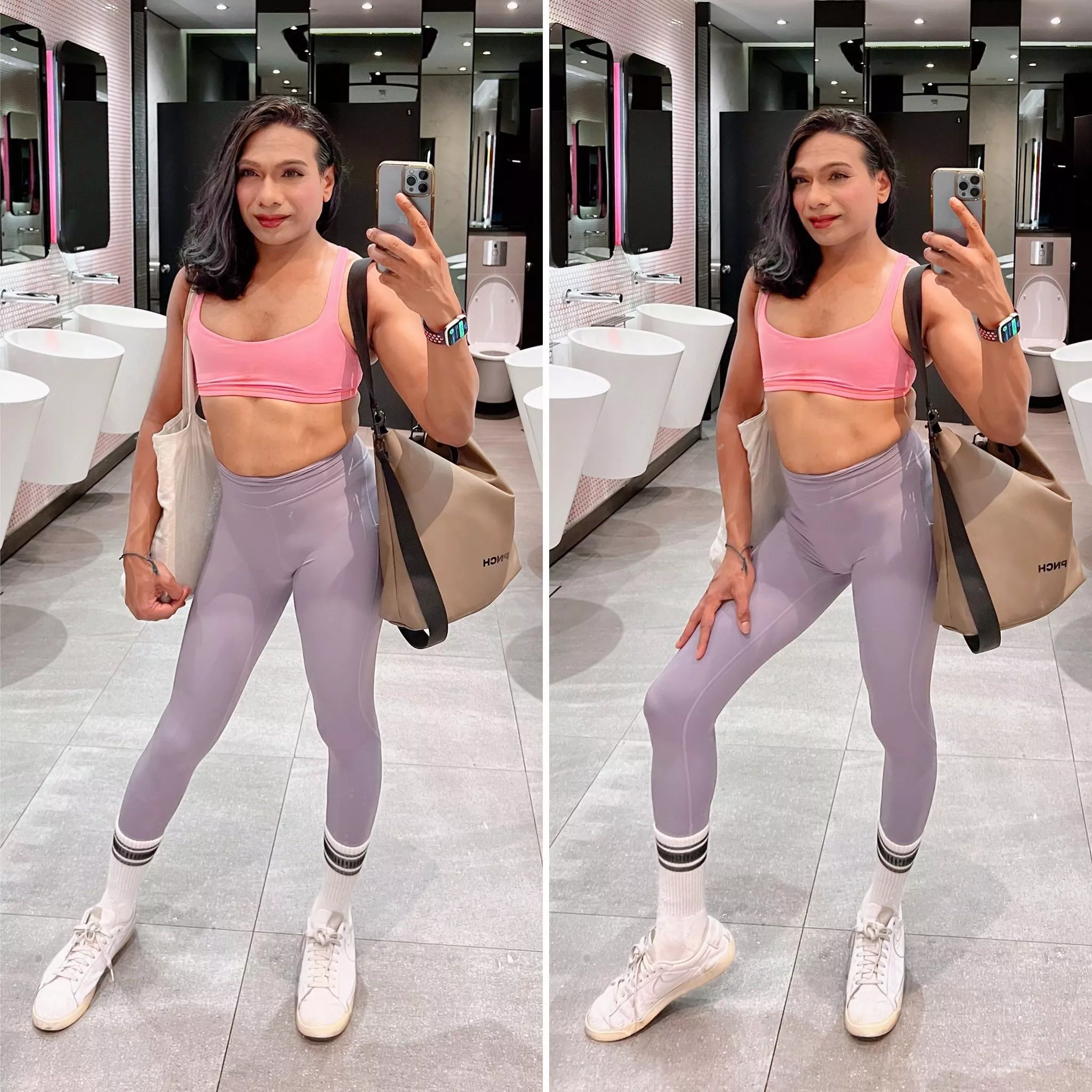 Do the pink sports bra and lilac leggings pairing work on me?