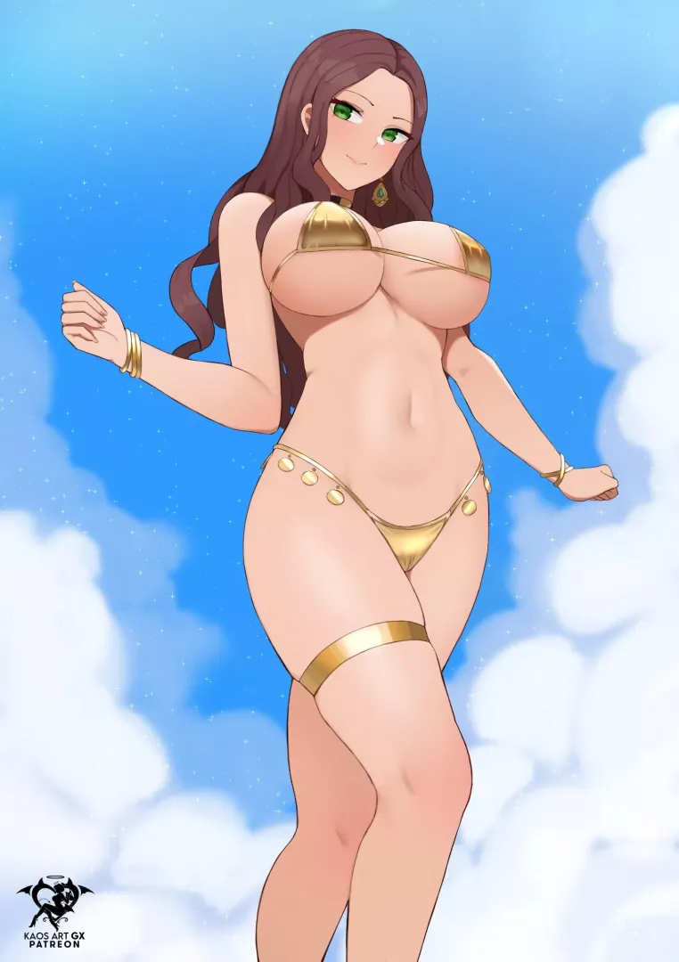 Dorothea in a tiny golden bikini