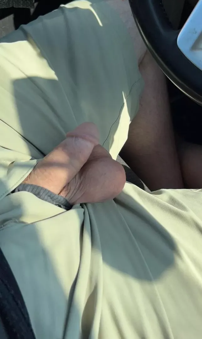 Driving for work today with my soft cock hanging out