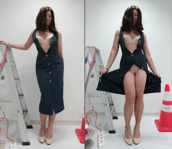 [F] Would you ever guess that the quiet, demure manager loves flashing her shaved pussy at the worksite after hours? (OC)