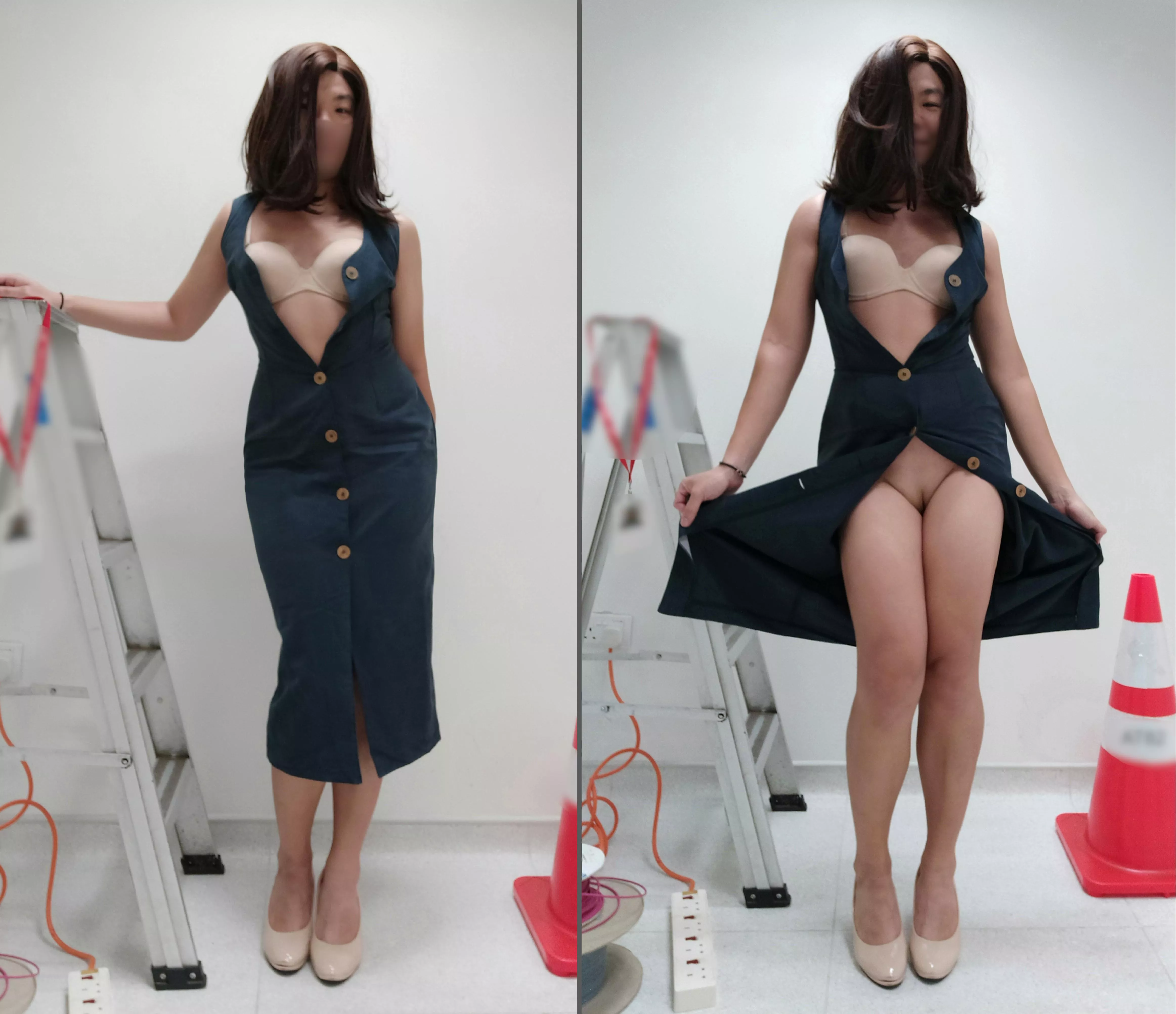 [F] Would you ever guess that the quiet, demure manager loves flashing her shaved pussy at the worksite after hours? (OC)