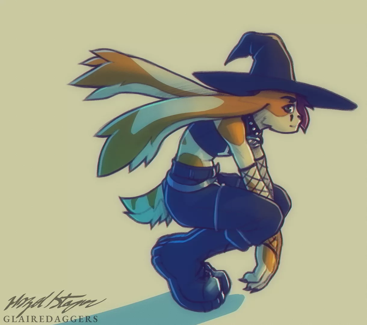 Fanart of @b0tster's new sona (art by me, @GlaireArts)