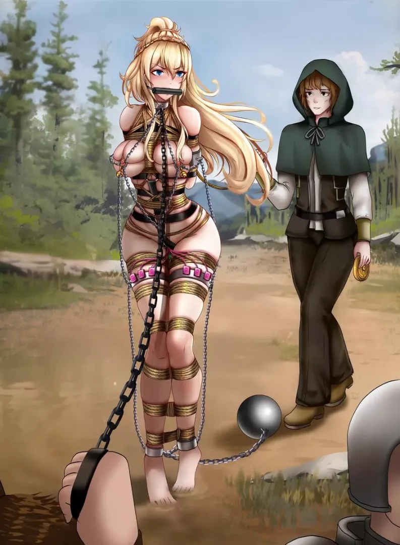 Forced to walk in ropes and chains by her captors