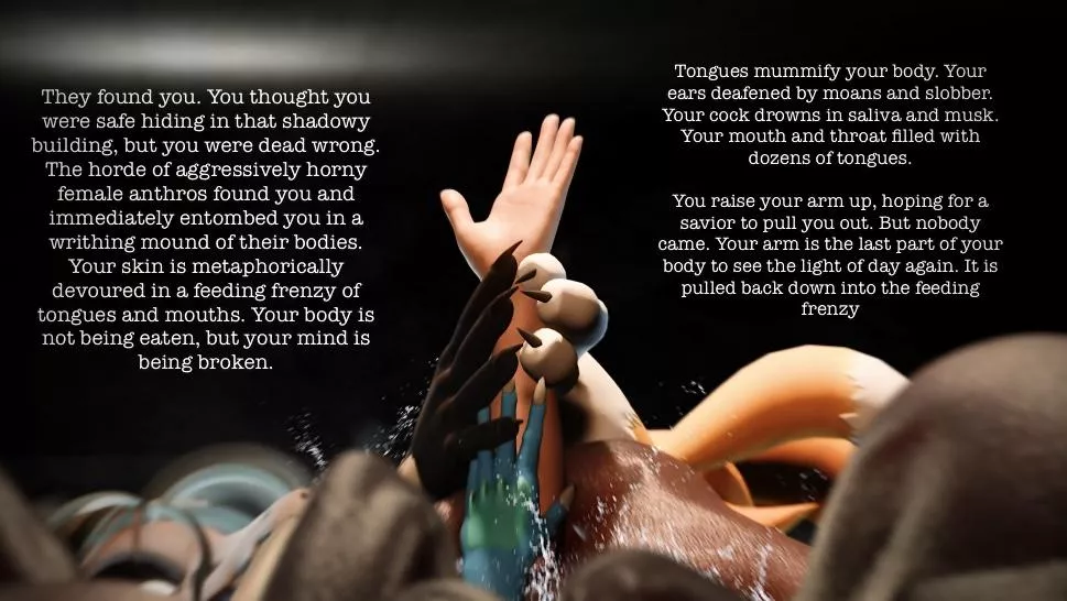 Found and devoured by the anthro horde [femdom] [implied sex] [anthro on human] [full body licking] [multiple girls][mildmeat]