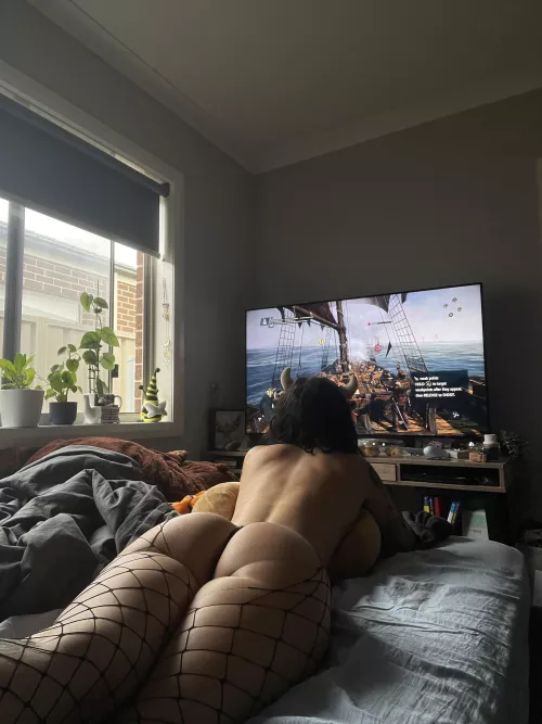 Gaming in my ripped fishnets