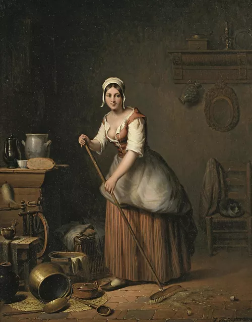 Gentlemen, I present my charwoman cleaning the kitchens after a morning's spirited romp. The shrieking, moaning, and clatter added lustful resonance to the spectacle.