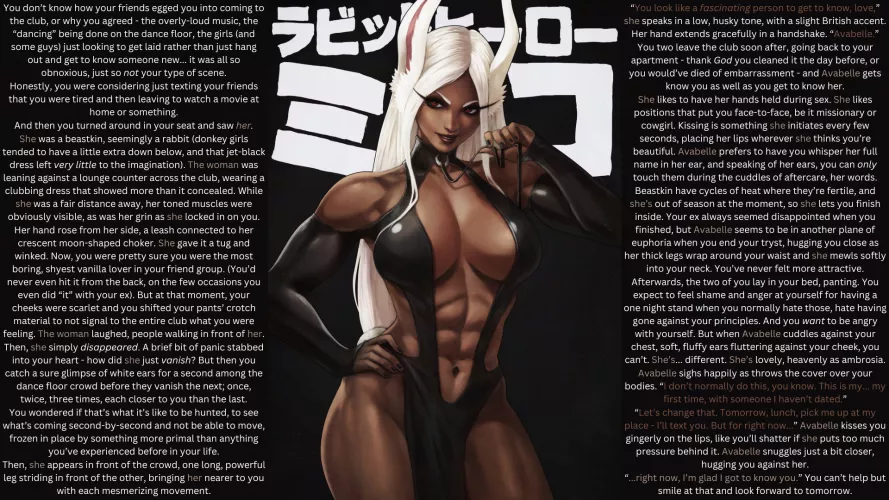 Get to Know You [Clubbing] turns into [Unexpected One Night Stand], which blossoms into [Wholesome Romance] and [Sensual and Vanilla Sex] between [Beastkin Monstergirl x Male Human Reader]. She's a [Sexy on the Outside, Sweet on the Inside Type of Girl]