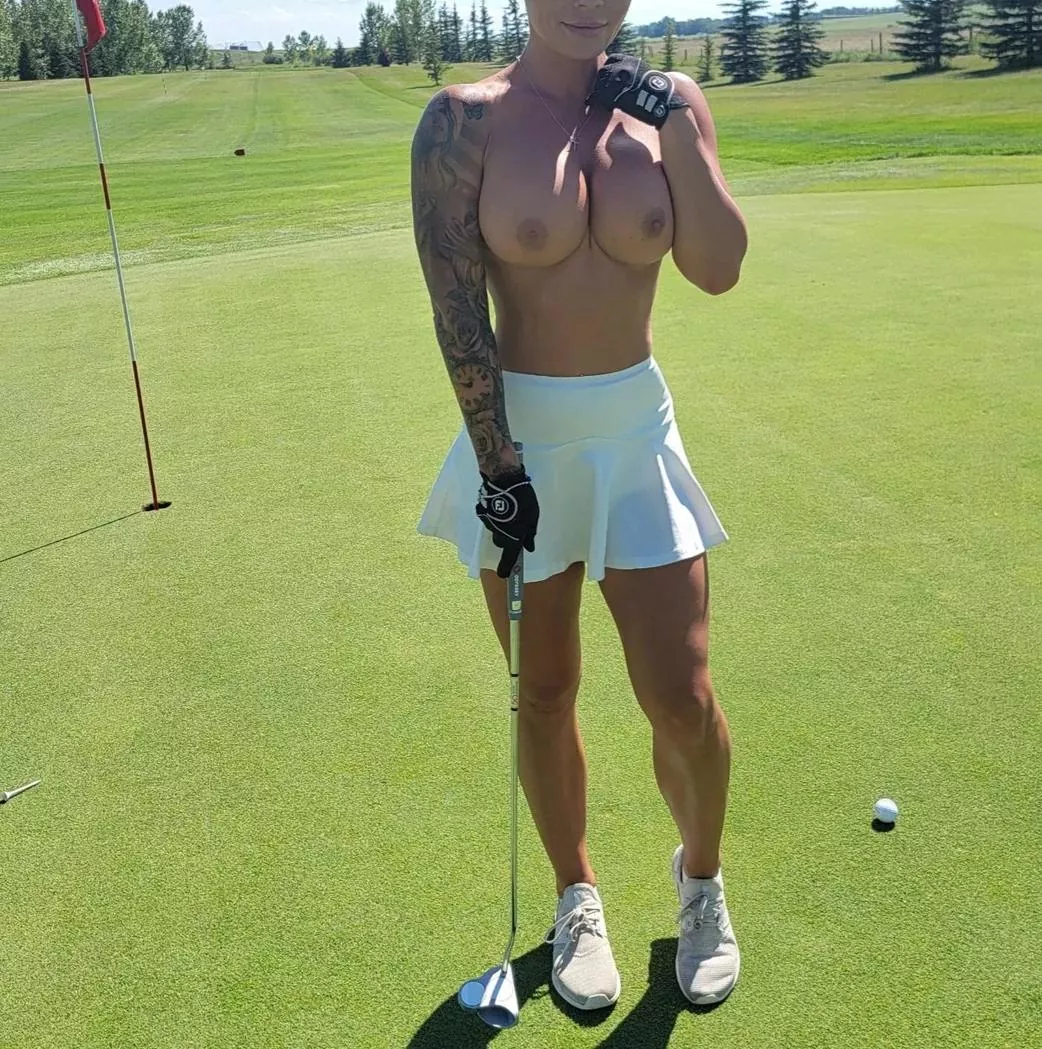 Getting in some cardio on the golf course , topless after losing a bet with my husband's friends. Now the winner gets a 19th hole with me