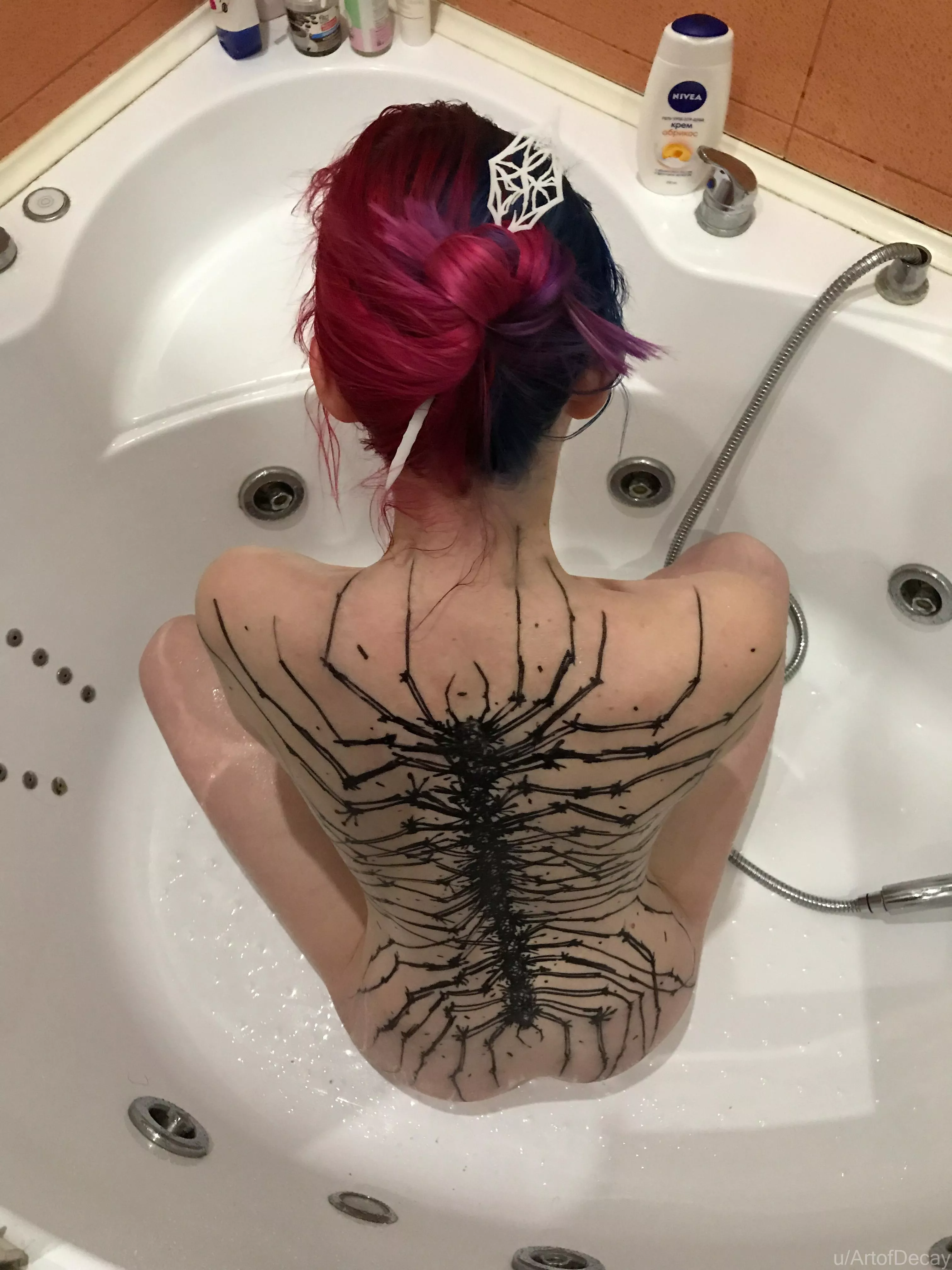 Getting ready to wash off the body paint