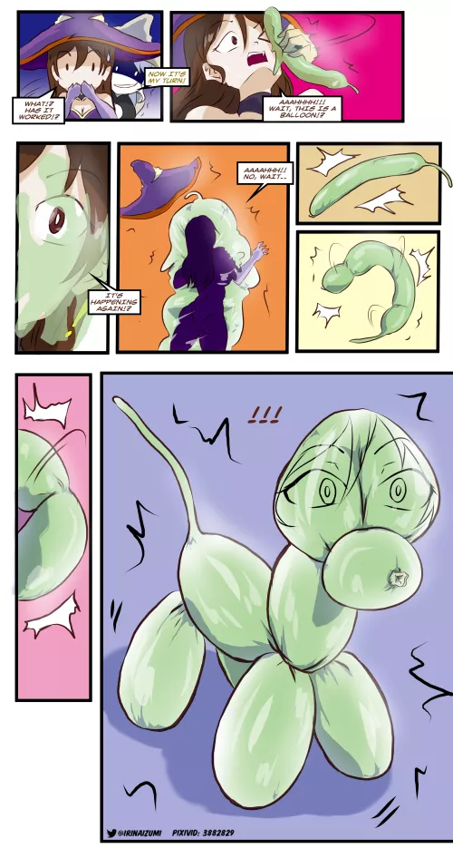 Girl goes to a costume party and a real witch challenges her to a magical duel (and ends up turned into a dog balloon)