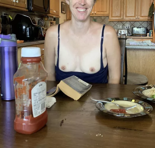 Got some curbs down my shirt. Good thing it’s nice and easy to slip down to clean up…and have fun teasing my husband.