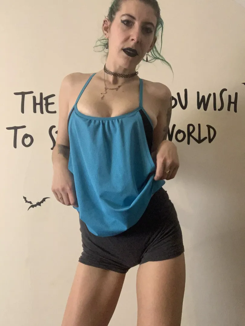 Goth in yoga shorts