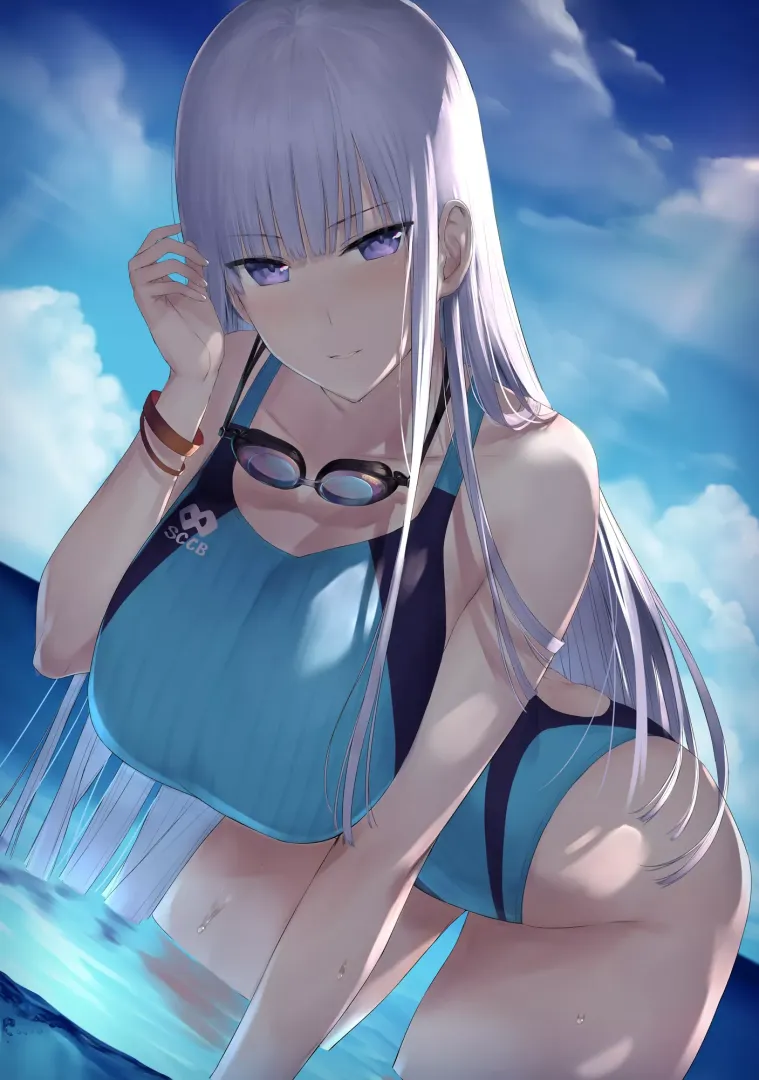 Grey Haired Girl in Turquoise Swimsuit