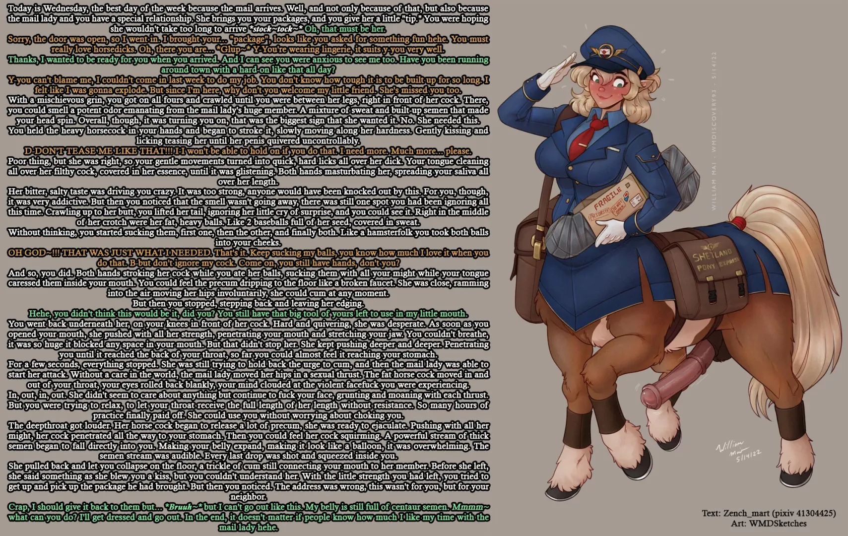 Helping the mail lady to relieve herself [Futanari] [Blowjob] [horse cock] [Centaur girl] [Anon commision] | Art: WMDSketches