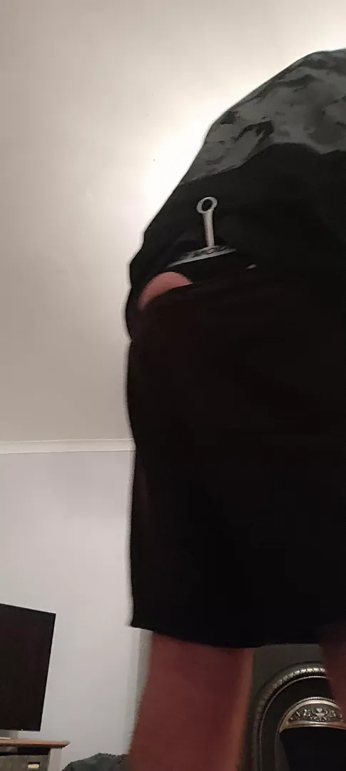 Hiding anal hook under clothes with thong on