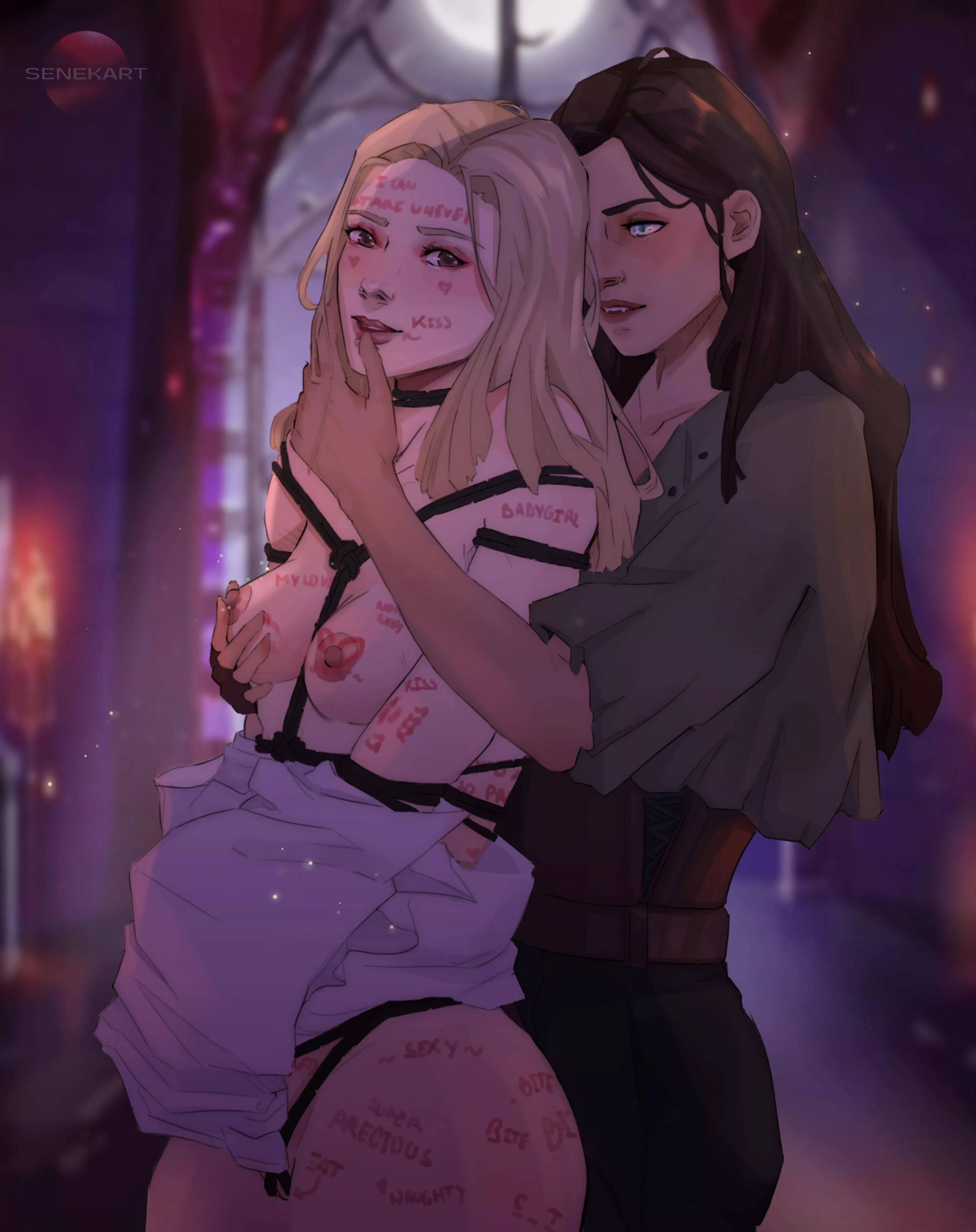 “How sweet you look all wrapped up for me like a present.” Two of my OCs having some fun. Artwork by Senekart