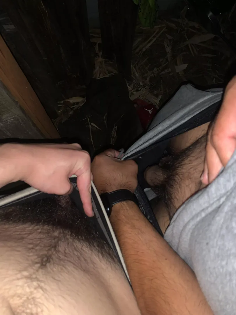 Idk why or how this happened but my uncle (on right) and I took this pic while taking a piss on our camping trip. Must’ve gotten pretty drunk. I want to mess around with him so bad 🤤