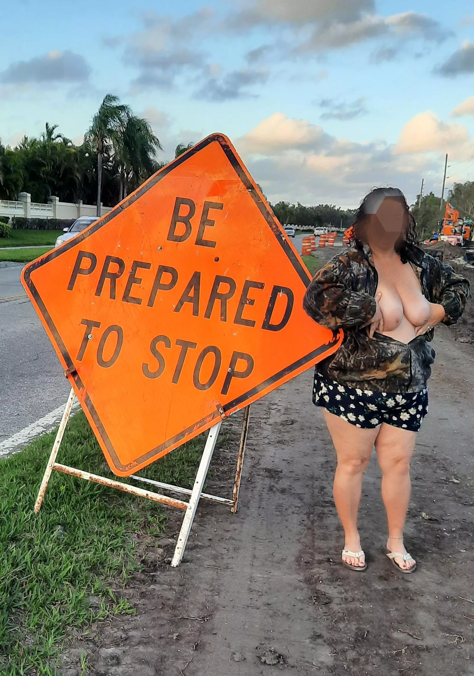 I'm Prepared, I'm Prepared!! My wife having some roadside flashing fun with traffic going by!!