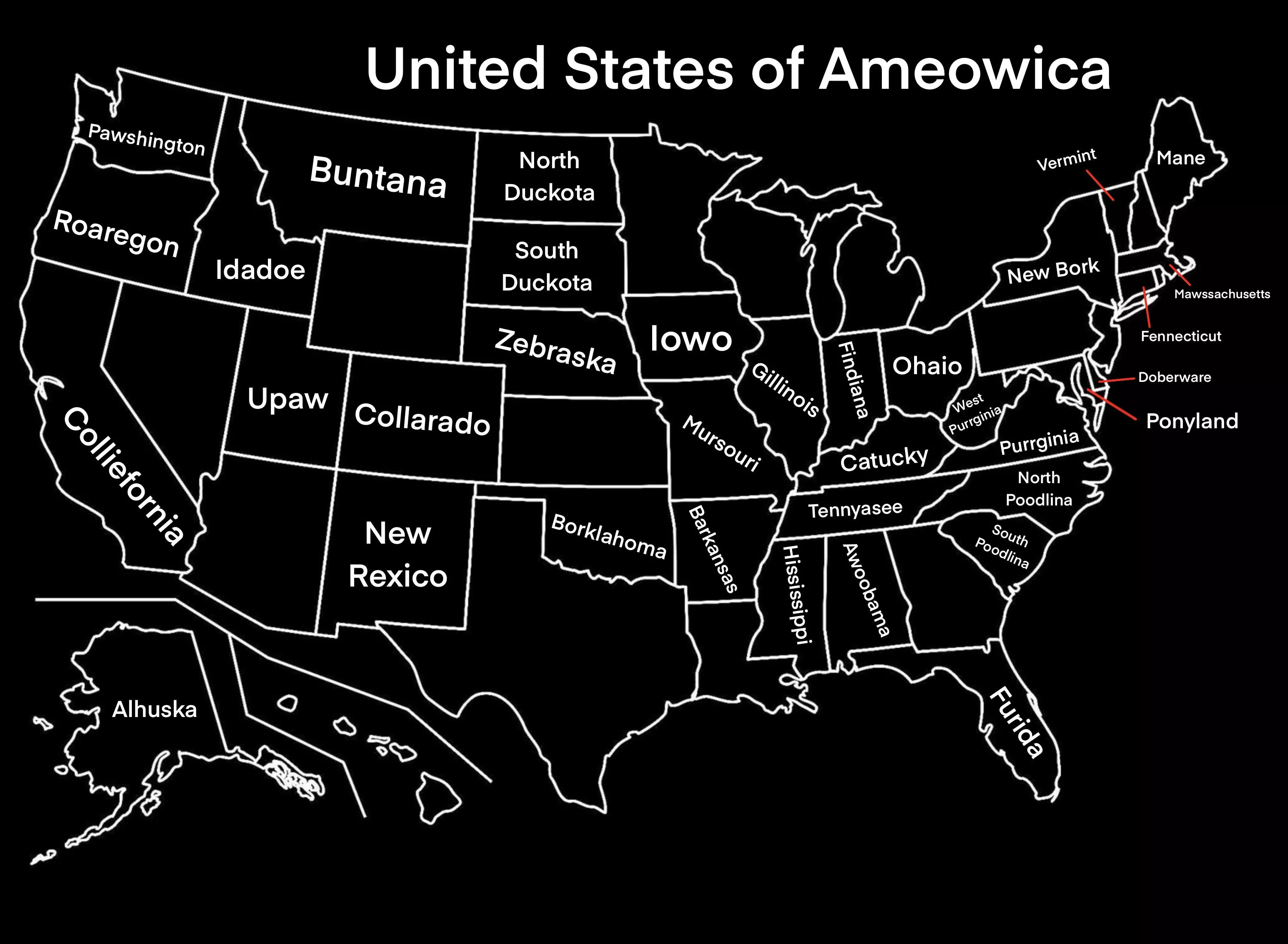 Im working on making a furry-themed map of the US partly as a joke and partly as a version of Earth my furry cannons will take place. Its incomplete but Id love some suggestions and if u have better ideas than what i did (OC)