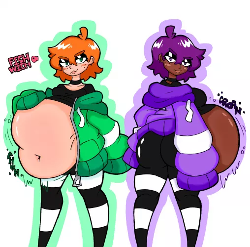 {image} gamr (soft vore, same size, multiple preds, female pred, digestion, willing) (art by me)