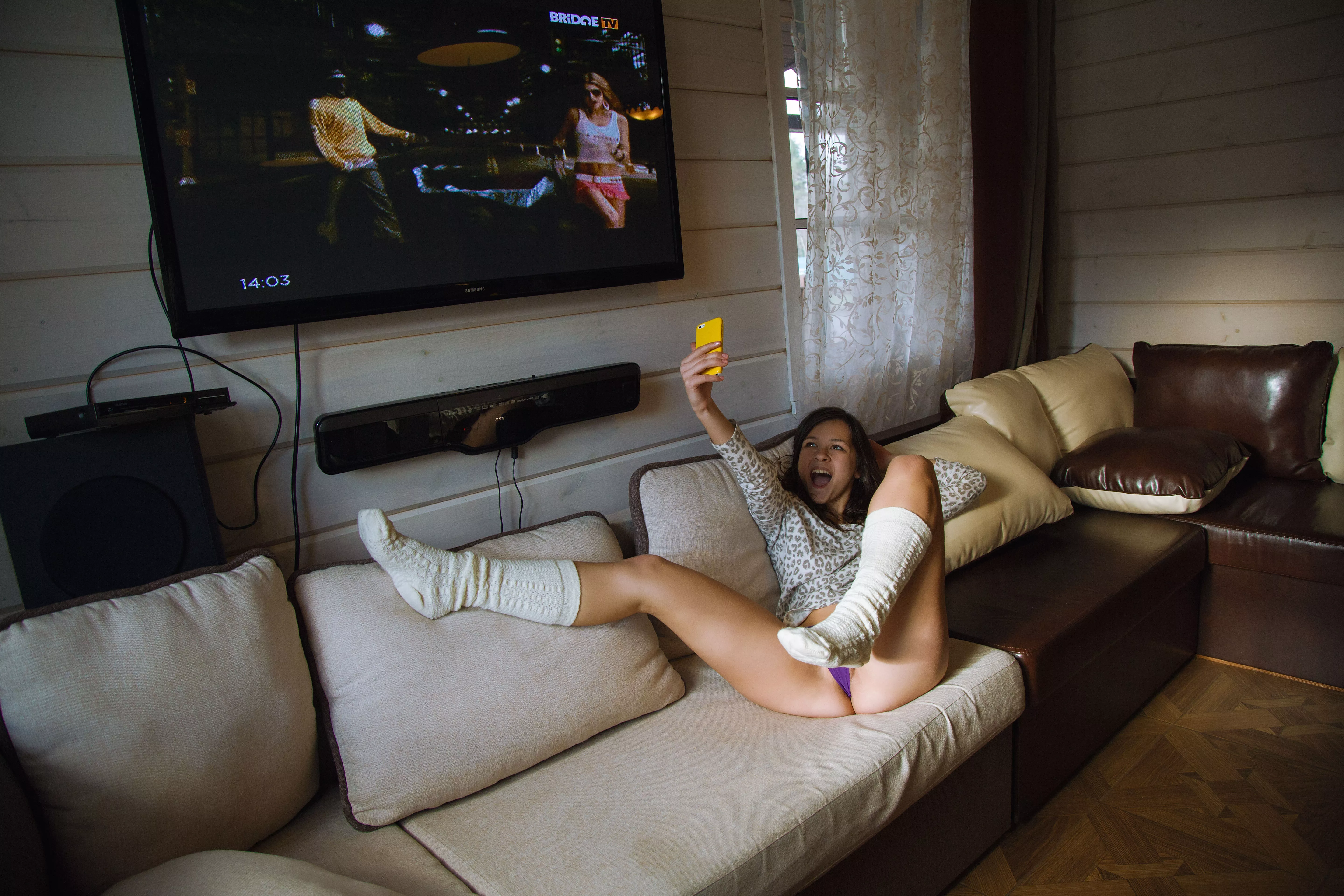 in panties on the bed