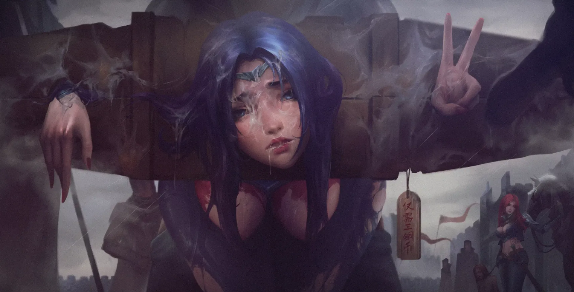 Irelia posing in a pillory (Ying)